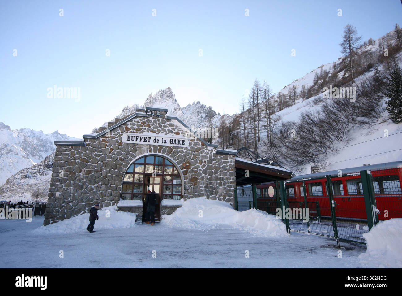 Rack stazione ferroviaria di Montenvers, Francia Foto Stock