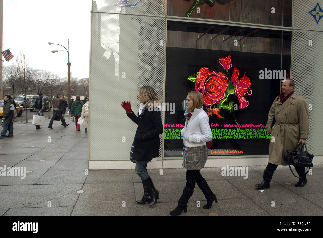 Gli amanti dello shopping al di fuori di Louis Vuitton sulla Fifth Avenue a New York Foto Stock