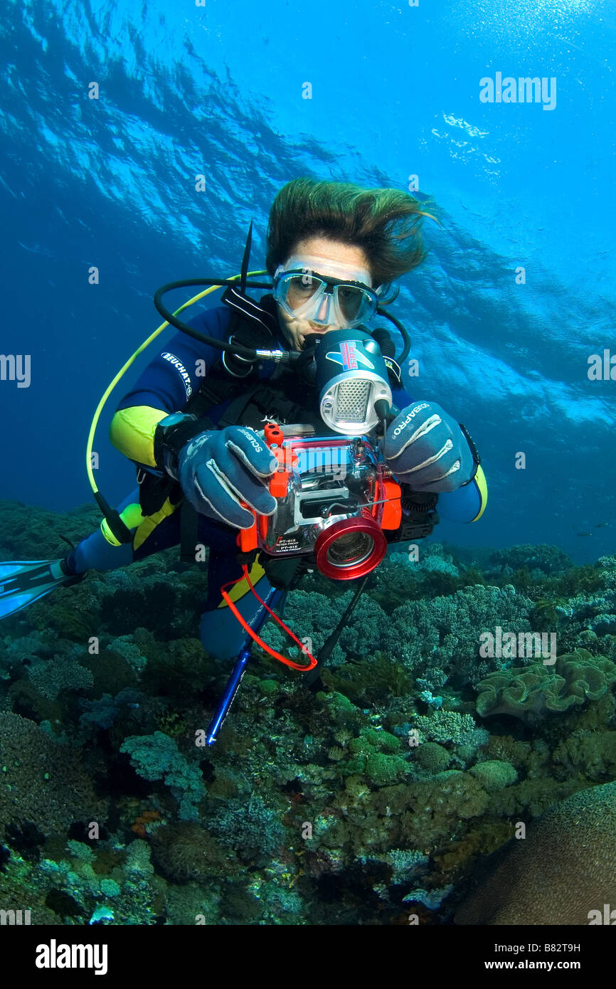 Subacqueo con telecamera, fotografo, Statia isola, subacquea, sull'oceano,  sul mare, scuba diving, acqua azzurra, fotocamera, sub femmina Foto stock -  Alamy