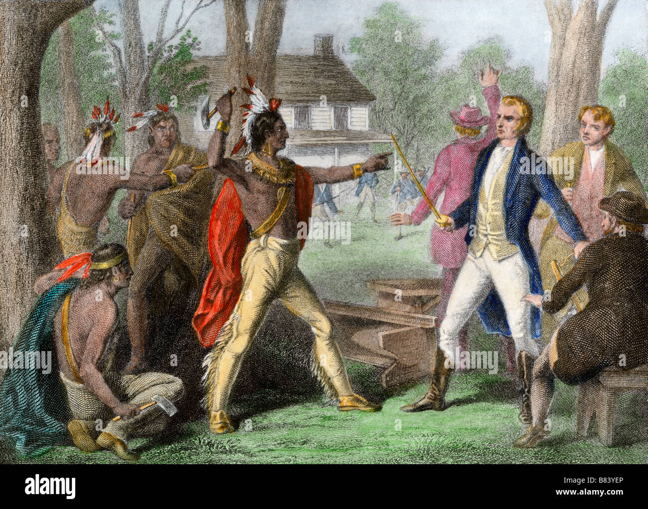 Capo Shawnee Tecumseh affrontare William Henry Harrison in Indiana. Colorate a mano di mezzitoni una illustrazione Foto Stock