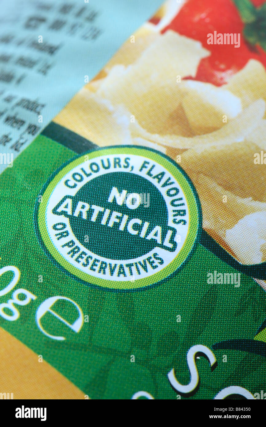 Senza coloranti artificiali o di condimento del prodotto alimentare etichetta di un vasetto di sugo per la pasta Foto Stock