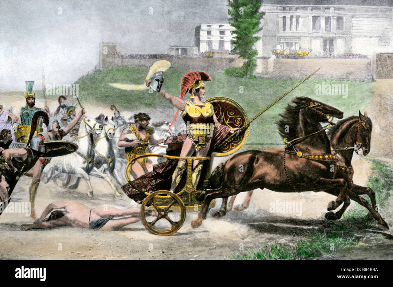 Eroe greco Achille trascinando Hector il corpo dietro il suo carro nella guerra di Troia. Colorate a mano di mezzitoni una illustrazione Foto Stock