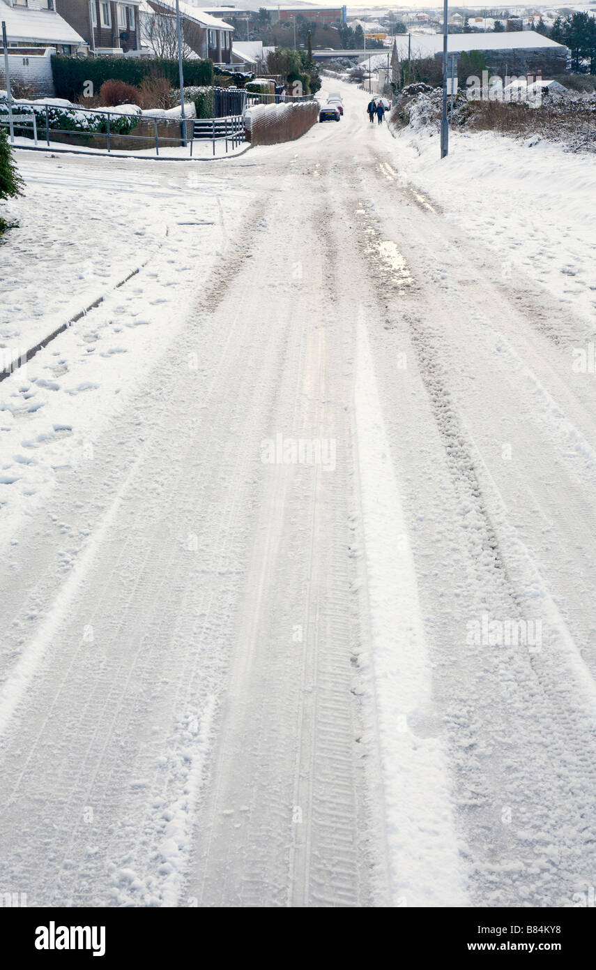 Un britannico strada coperta di neve Tolvaddon Camborne Regno Unito Foto Stock