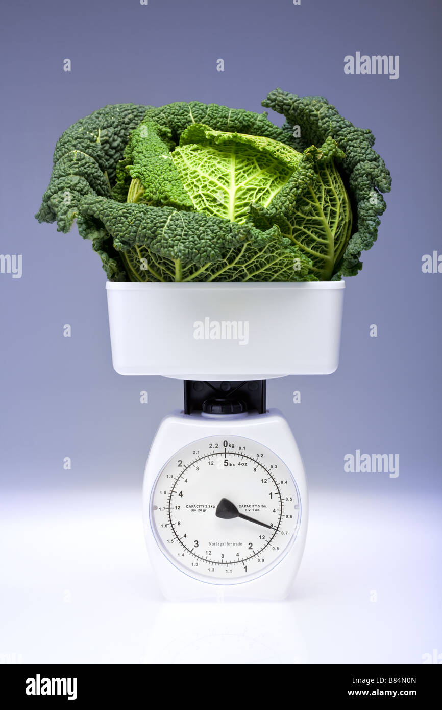 Dieta / cibo sano mangiar sano concetto - bianco in plastica bilance da cucina con cavolo Foto Stock