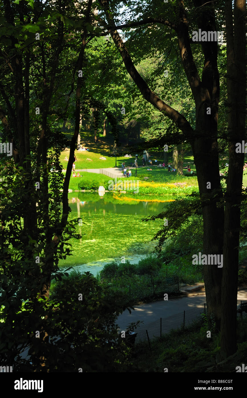 Vista sul laghetto di Central Park da W 59th Street, Manhattan, New York, New York, Stati Uniti d'America. Foto Stock