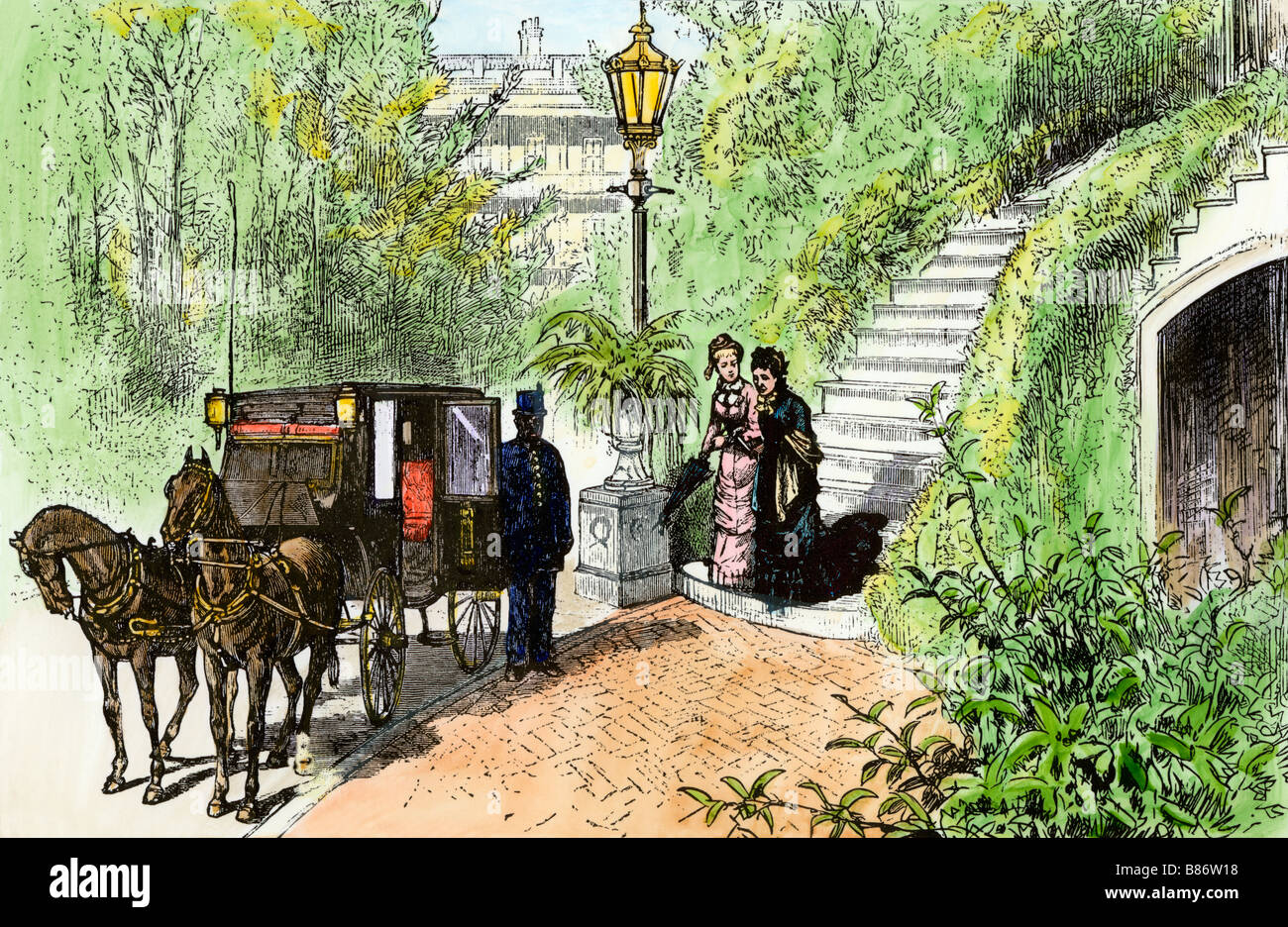 Presidente Garfield la moglie lascia la Casa Bianca per una serata corsa 1880. Colorate a mano la xilografia Foto Stock