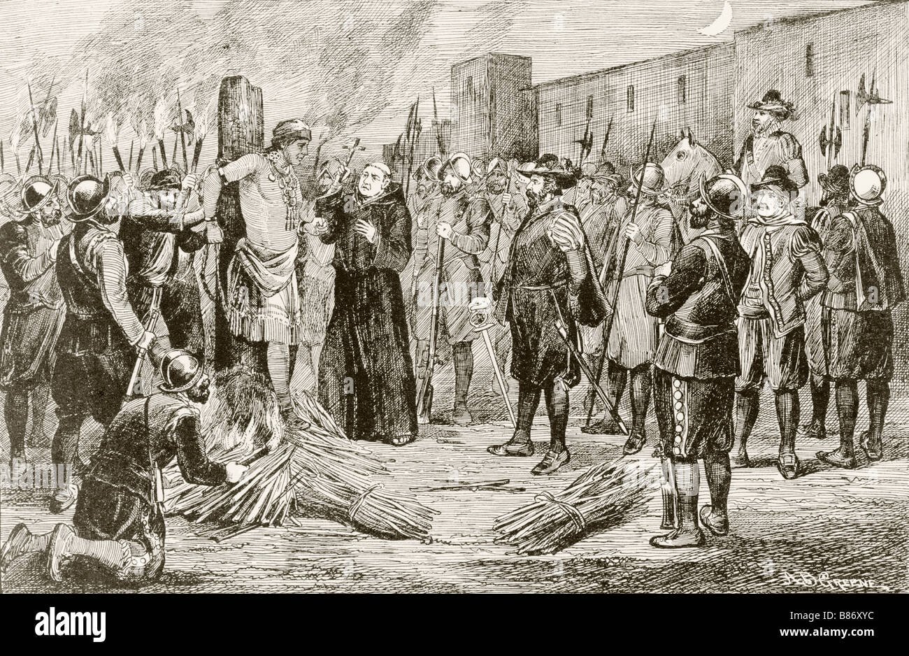 Gli spagnoli sotto Francisco Pizarro tie Atahualpa al gioco prima di lui a strangolo Foto Stock