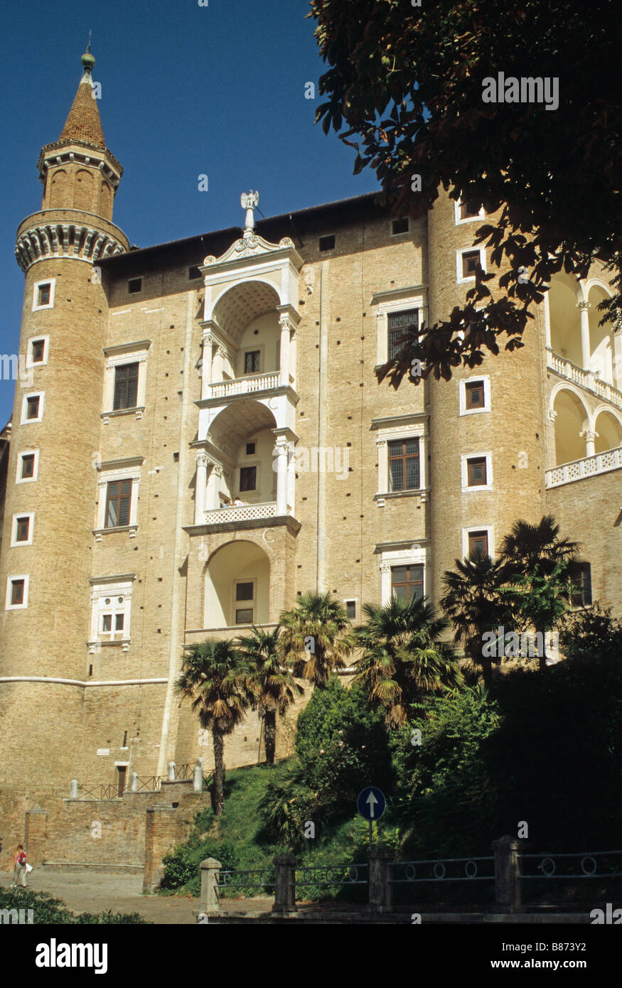 Urbino, particolare della facciata e logge del palazzo Ducale Foto Stock