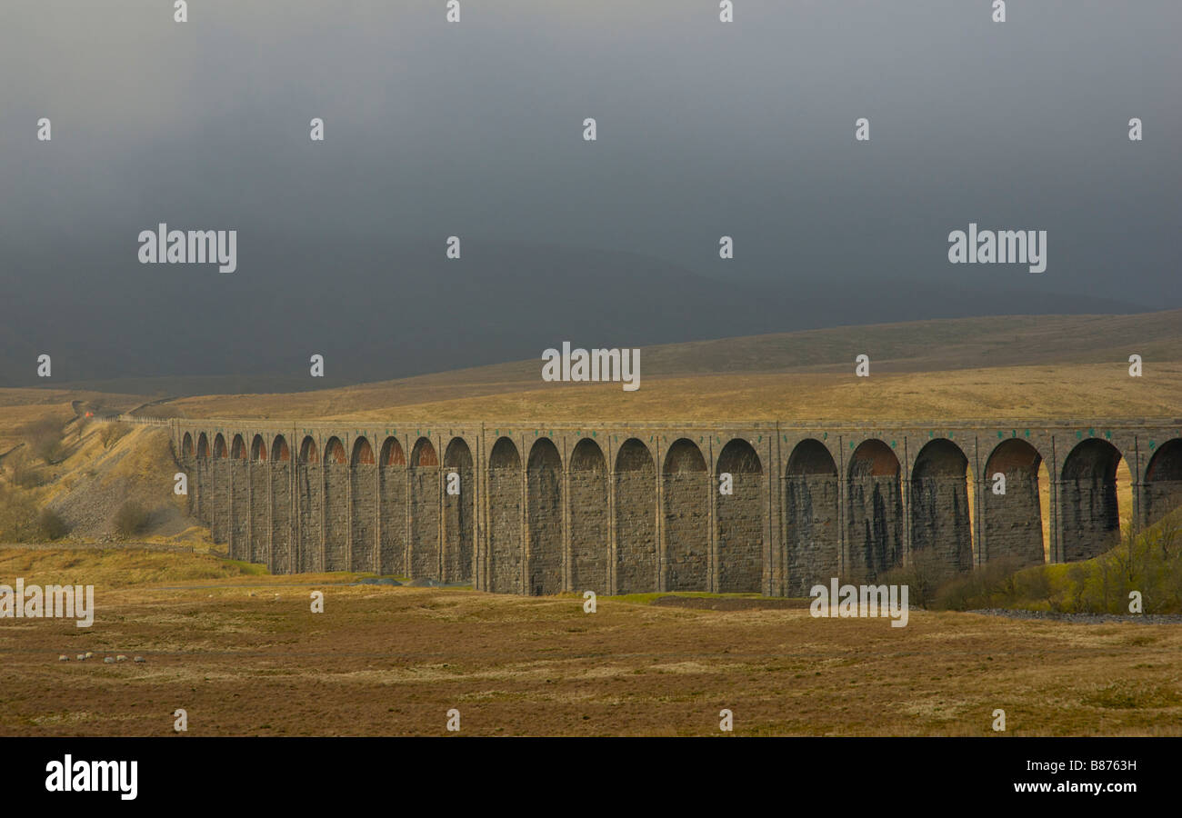 Il 24 arcate del viadotto Ribblehead, Settle-Carlisle sulla linea ferroviaria, Ribblesdale, Yorkshire Dales, North Yorkshire, Inghilterra, Regno Unito Foto Stock