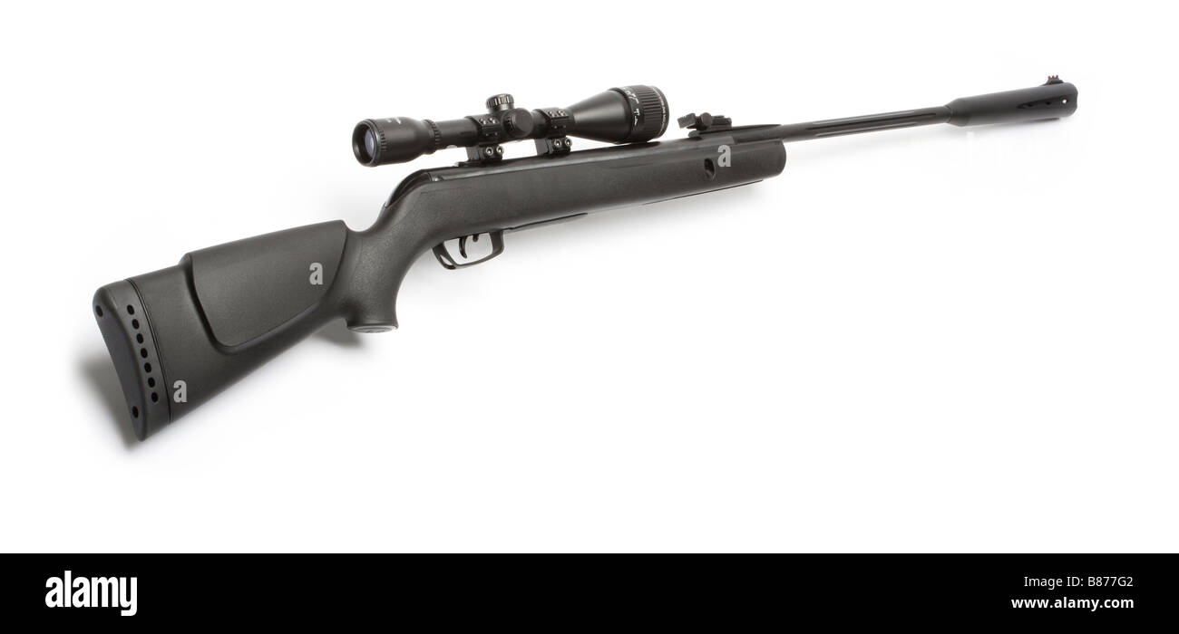 Fucile ad aria compressa con mirino telescopico e il silenziatore. Foto Stock