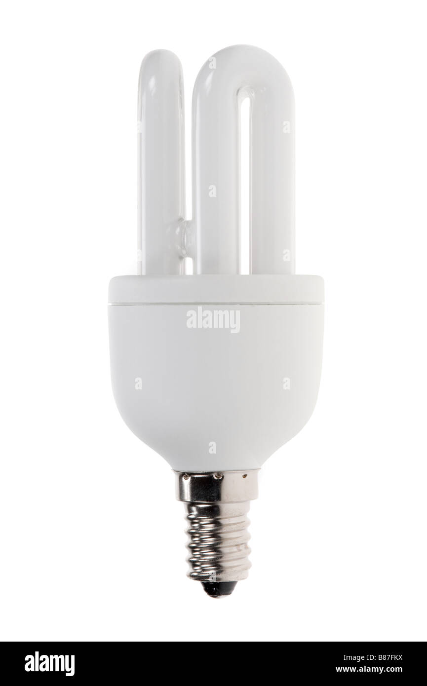Fluoresent compatto Lampada CFL isolato su uno sfondo bianco Foto Stock