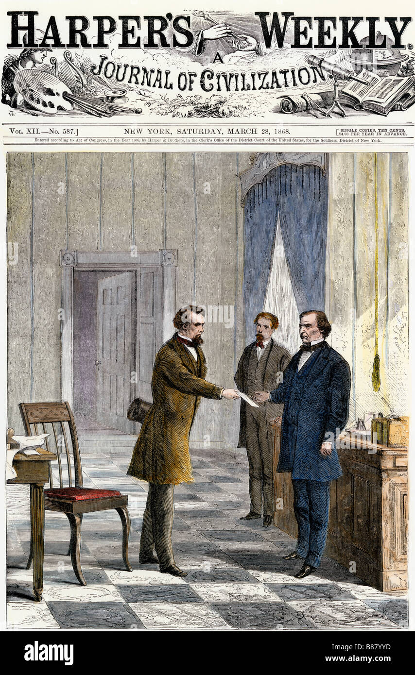 Senato sergente-at-Arms che serve l'impeachment citazione sul Presidente Andrew Johnson 1868. Colorate a mano la xilografia Foto Stock