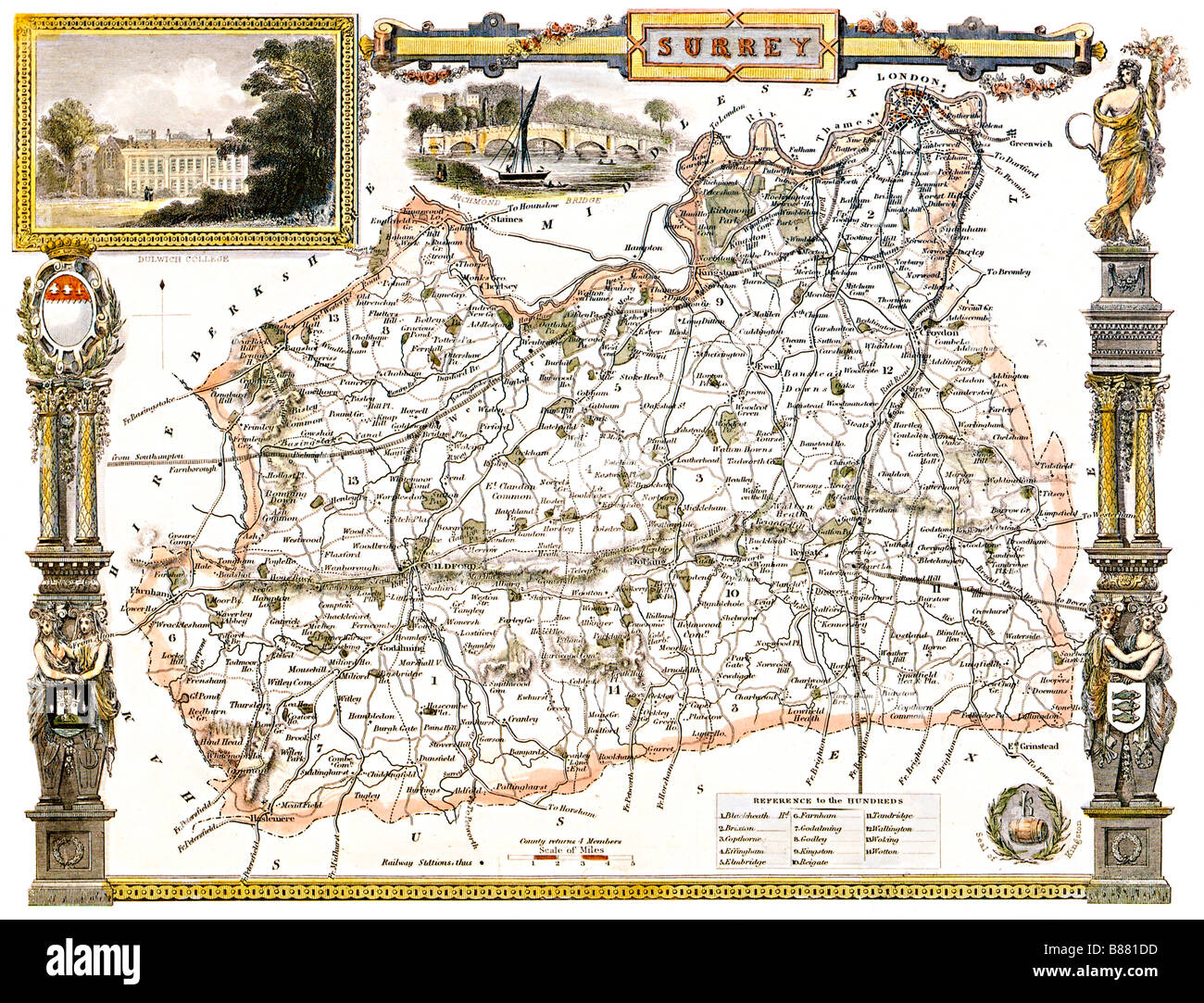 Surrey Mappa 1850 da Thomas Moule della contea inglese con illustrazioni di Dulwich College e Richmond Bridge Foto Stock