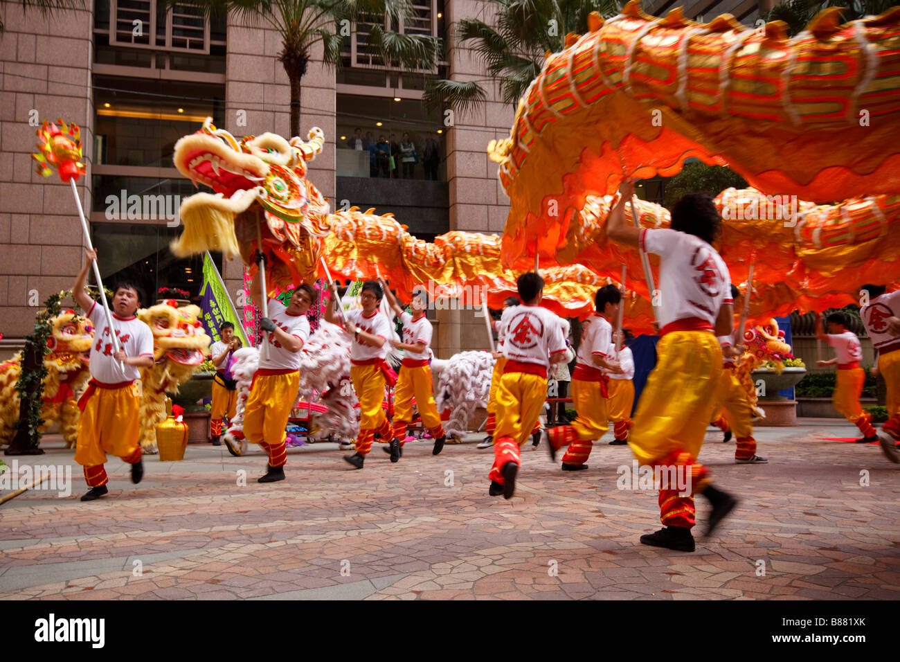 Drago Cinese danza per festeggiare il nuovo anno lunare nel centro di Hong Kong. Foto Stock
