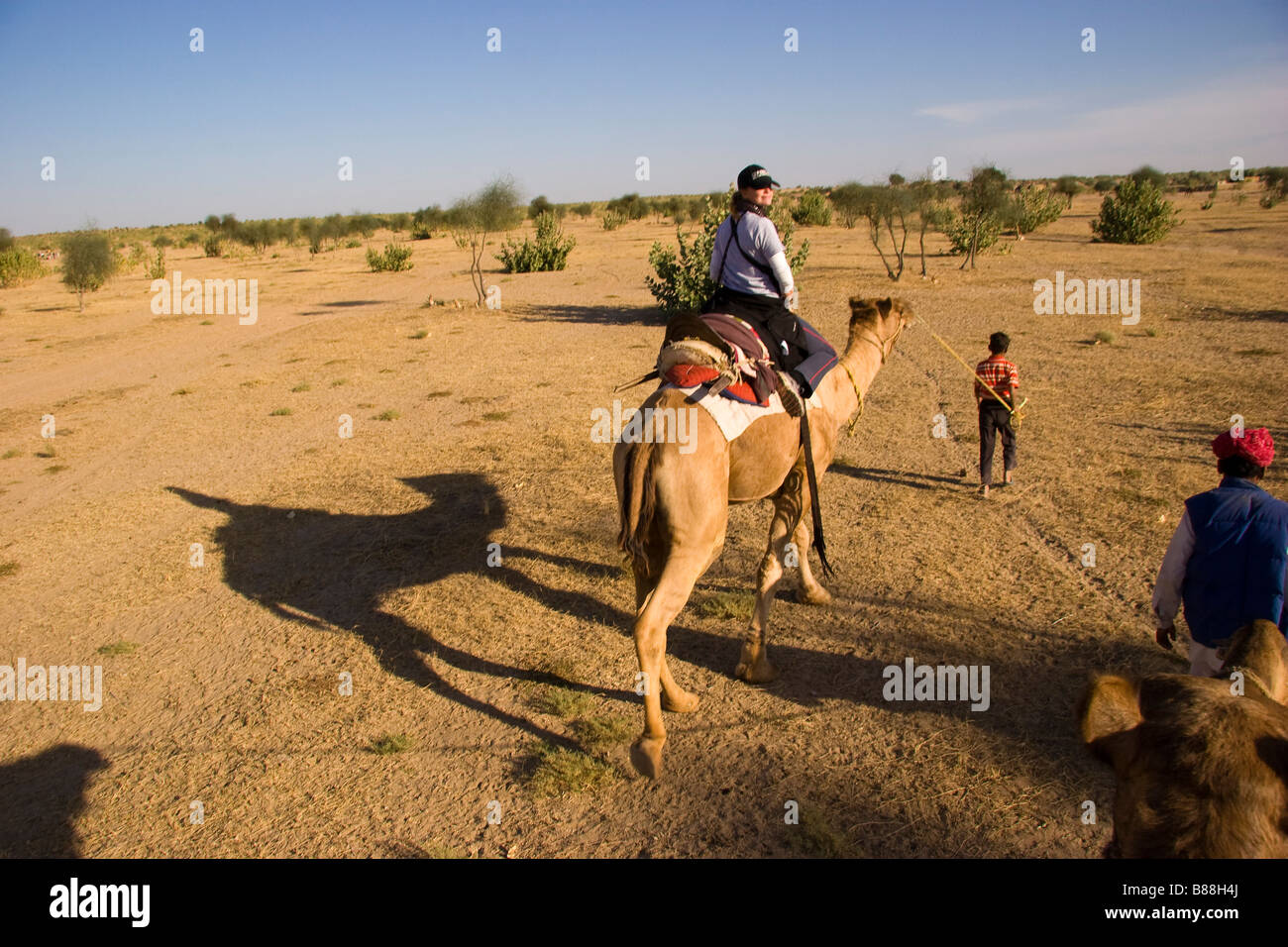 Gite turistiche cammello nel deserto Khuri Rajasthan in India Foto Stock