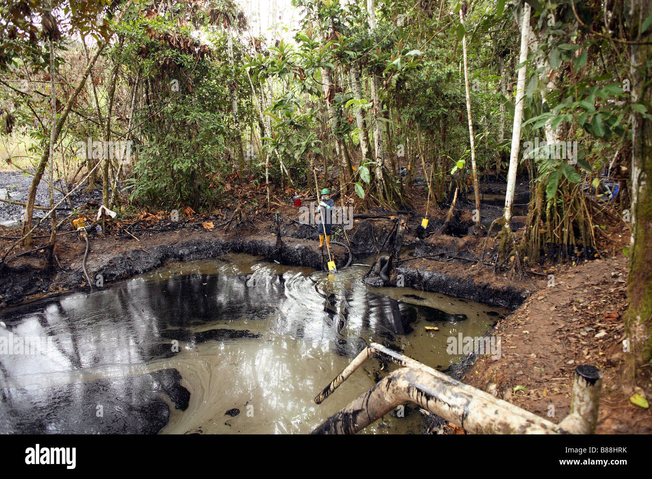 La pulizia di una fuoriuscita di petrolio in Amazzonia ecuadoriana Foto Stock