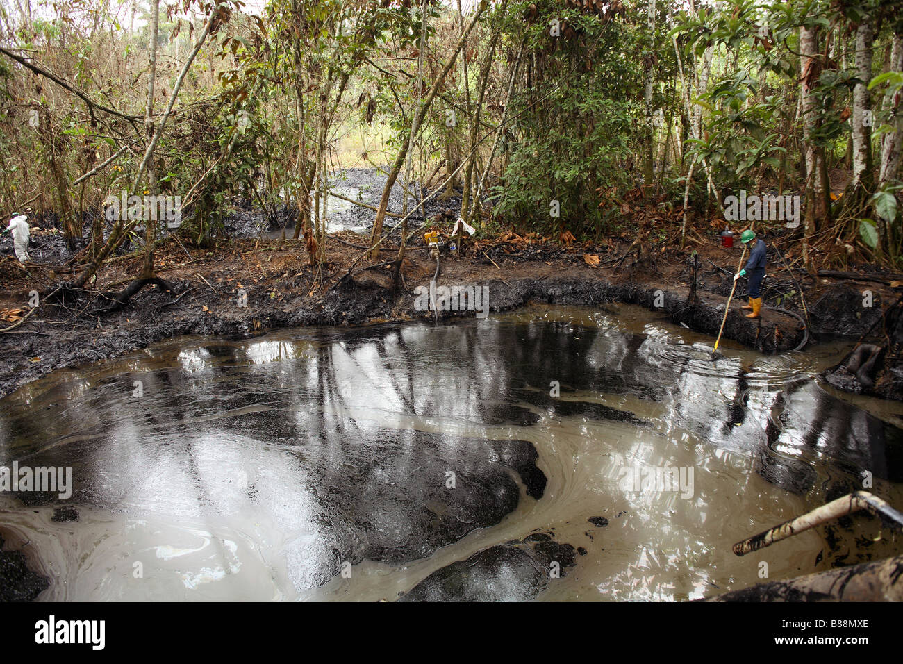 La pulizia di una fuoriuscita di petrolio in Amazzonia ecuadoriana Foto Stock