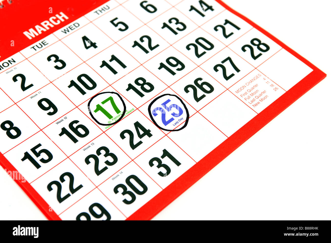 Calendario del mese ofMarch con un anello nero intorno al XVII e XXV Foto Stock
