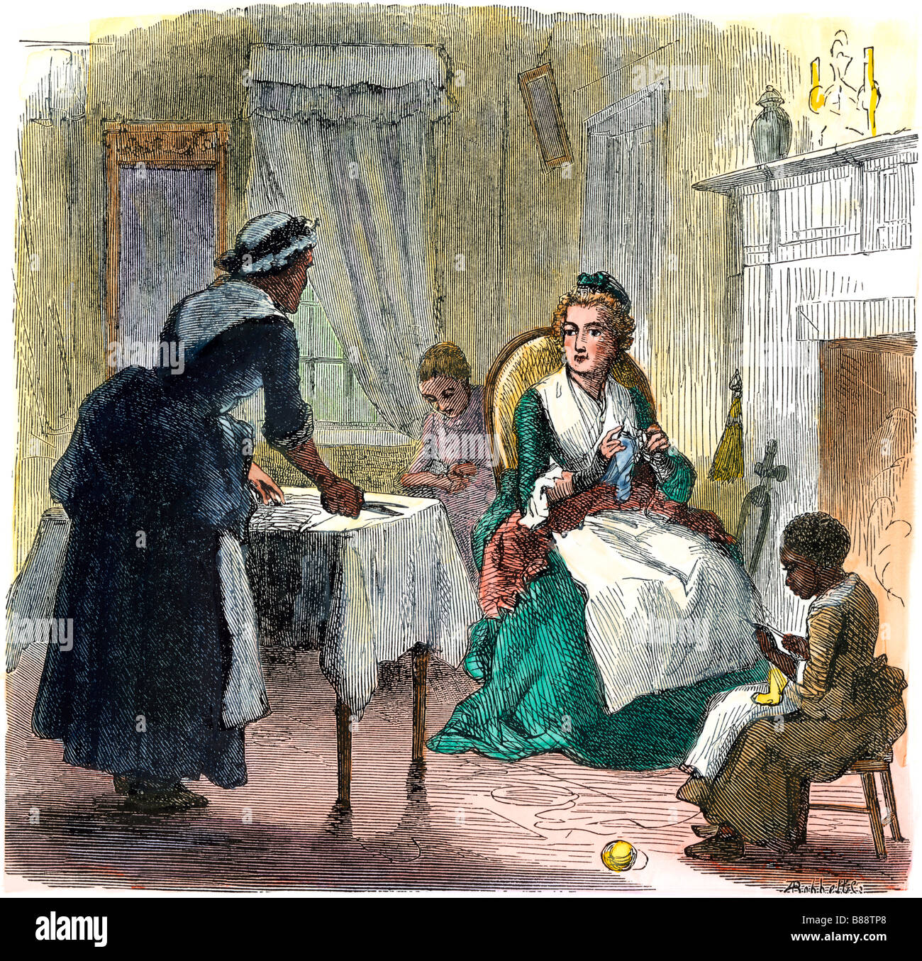 La vita domestica a Mount Vernon 1700s. Colorate a mano la xilografia Foto Stock
