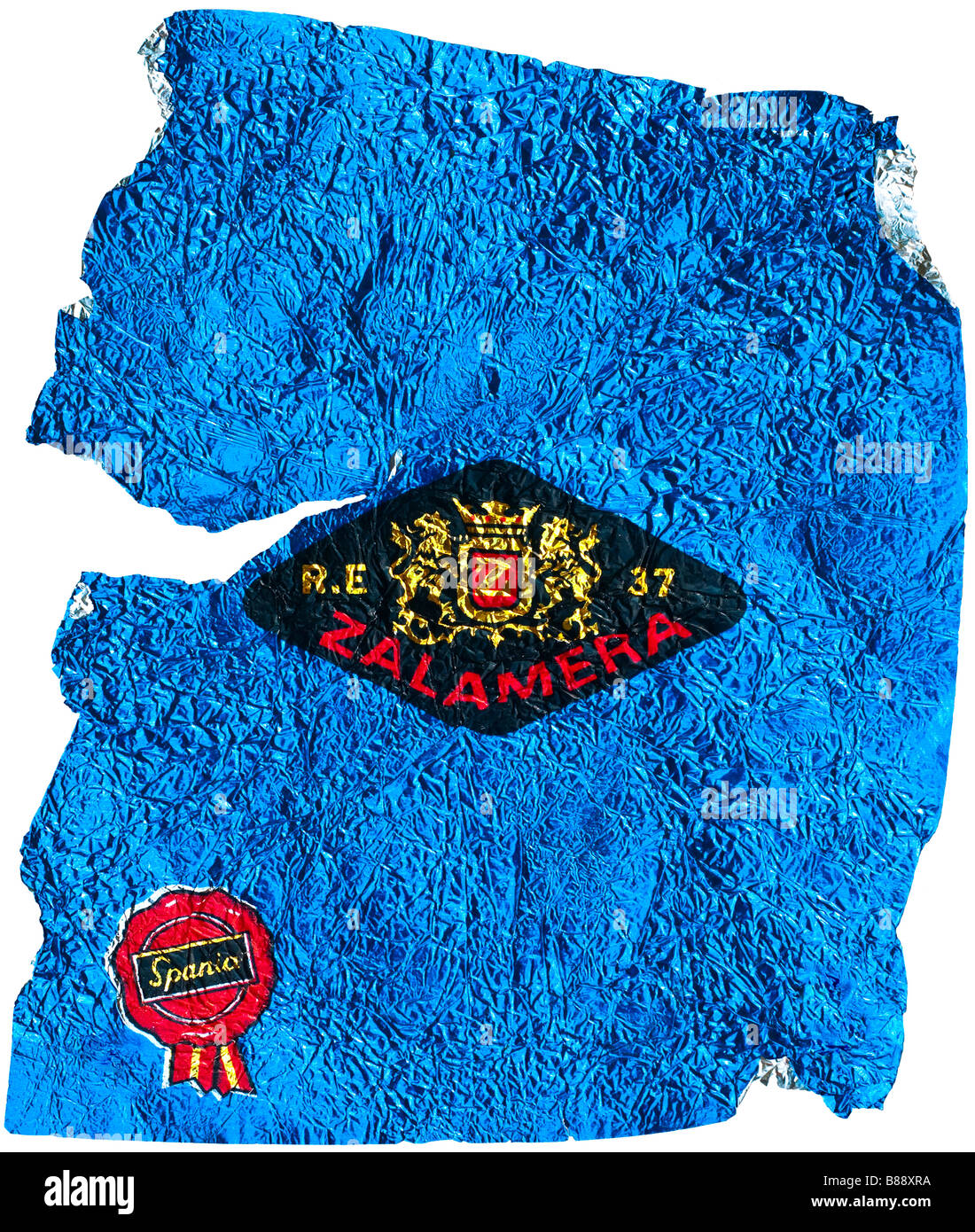 Agrumi wrapper da Spagna - Zalamera illustrazione di cresta blu su un foglio di alluminio. Foto Stock