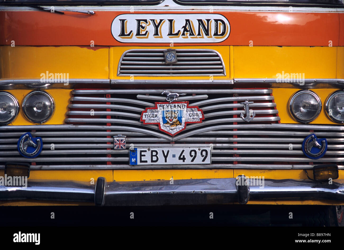 Chrome la griglia del radiatore e cofano motore di sessanta Leyland Bus, bus Maltese, Valletta, Malta Foto Stock