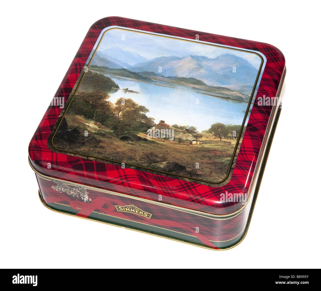 Il vecchio biscotto frollino tin con scena scozzese Scotland Regno Unito Foto Stock