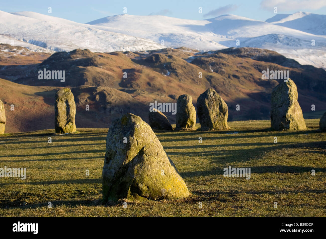 Castlerigg Stone Circle, Keswick, Cumbria, pietre in piedi, paesaggio roccioso, monumenti preistorici del Lake District, Gran Bretagna. Inghilterra. REGNO UNITO Foto Stock