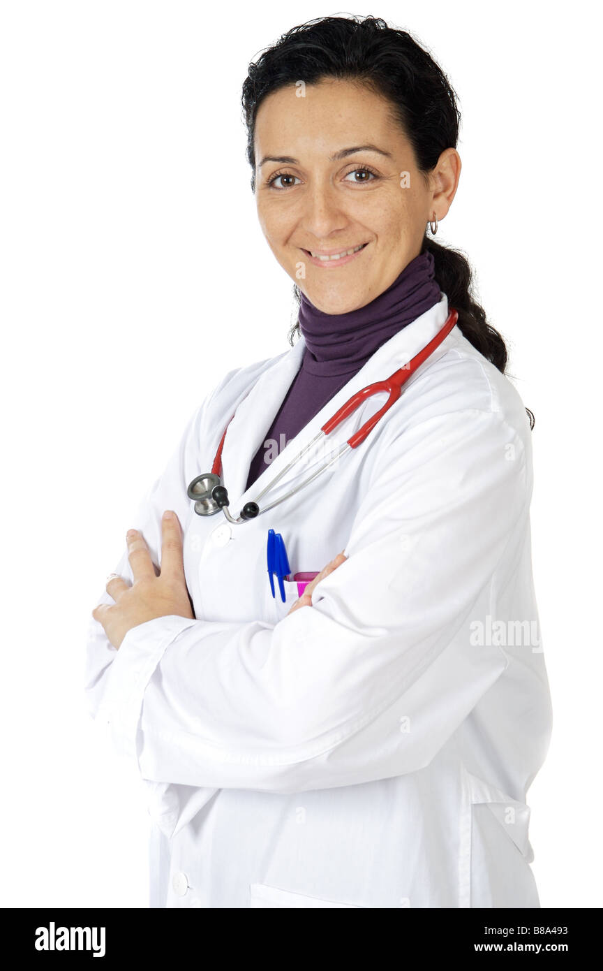 Attraente dama medico su uno sfondo bianco Foto Stock