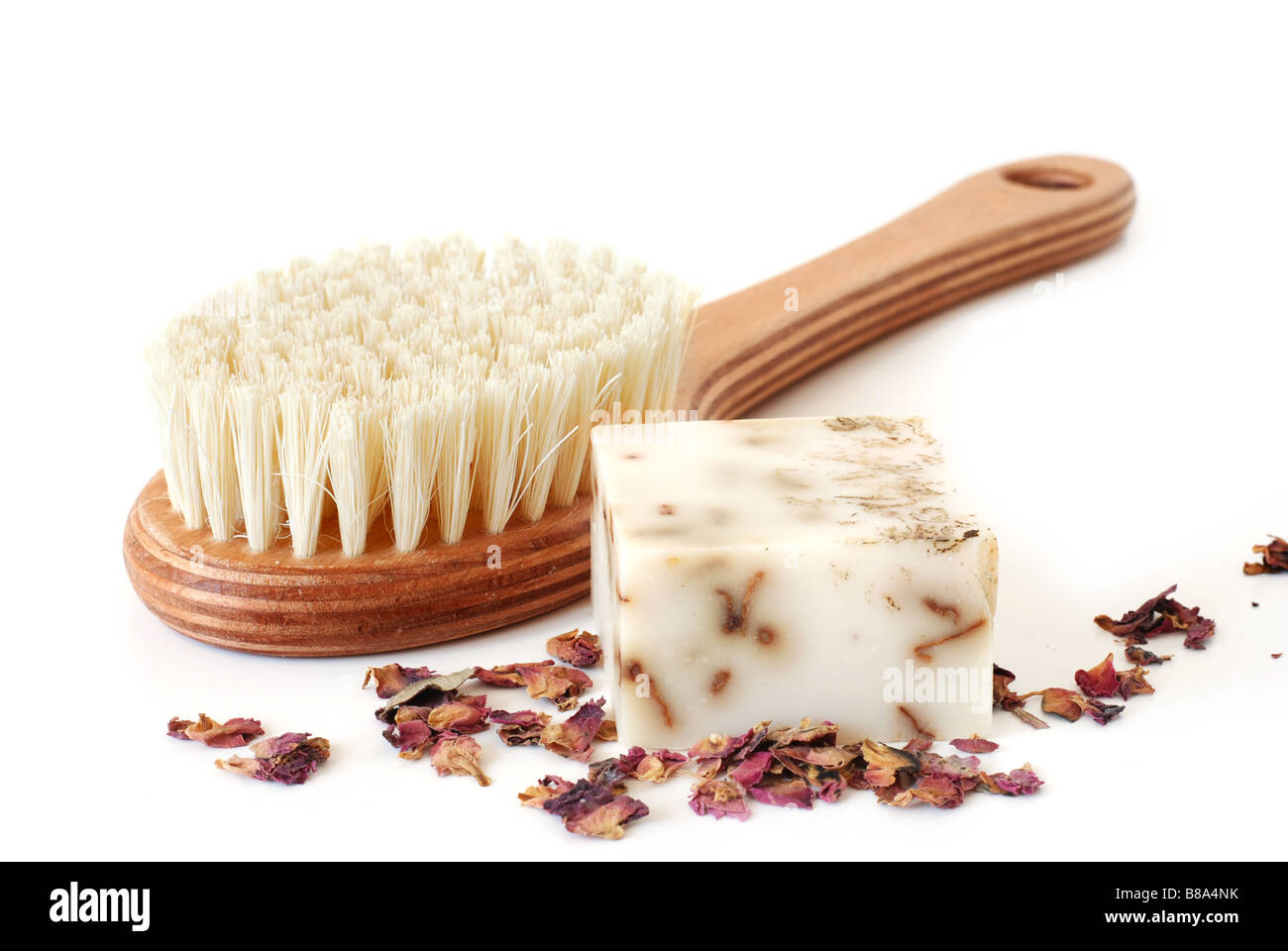 Spazzola del bagno e sapone di rose Foto Stock