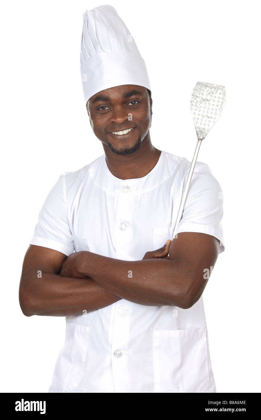 Attraente cuocere un africano su sfondo bianco Foto Stock
