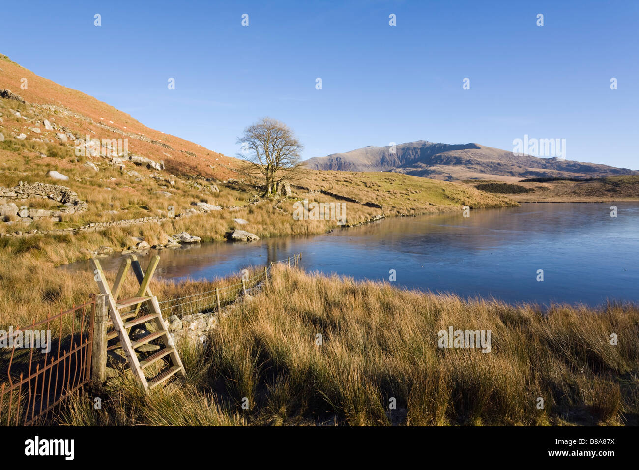 Scaletta in legno stile e vista su tutta Llyn y Dywarchen lago a Mount Snowdon nel Parco Nazionale di Snowdonia. Gwynedd North Wales UK Foto Stock