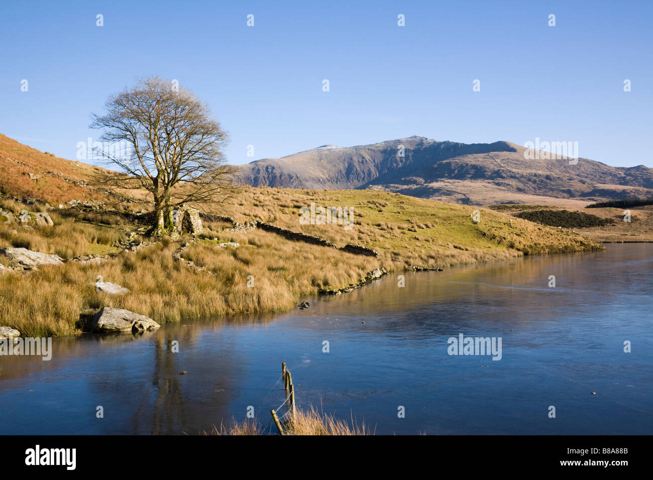 Vista di Snowdon Yr Wyddfa da ovest attraverso congelati Llyn y Dywarchen lago in inverno in Snowdonia "Parco Nazionale" il Galles del Nord Regno Unito Foto Stock