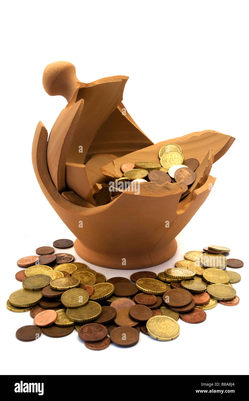 Rotture di denaro casella su sfondo bianco Foto Stock