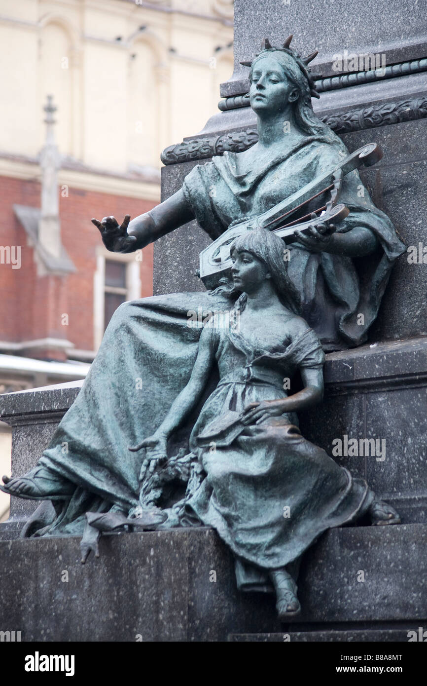 La musa della poesia sulla base del monumento a Adam Mickiewicz. Rynek Glowny, Cracovia in Polonia Foto Stock