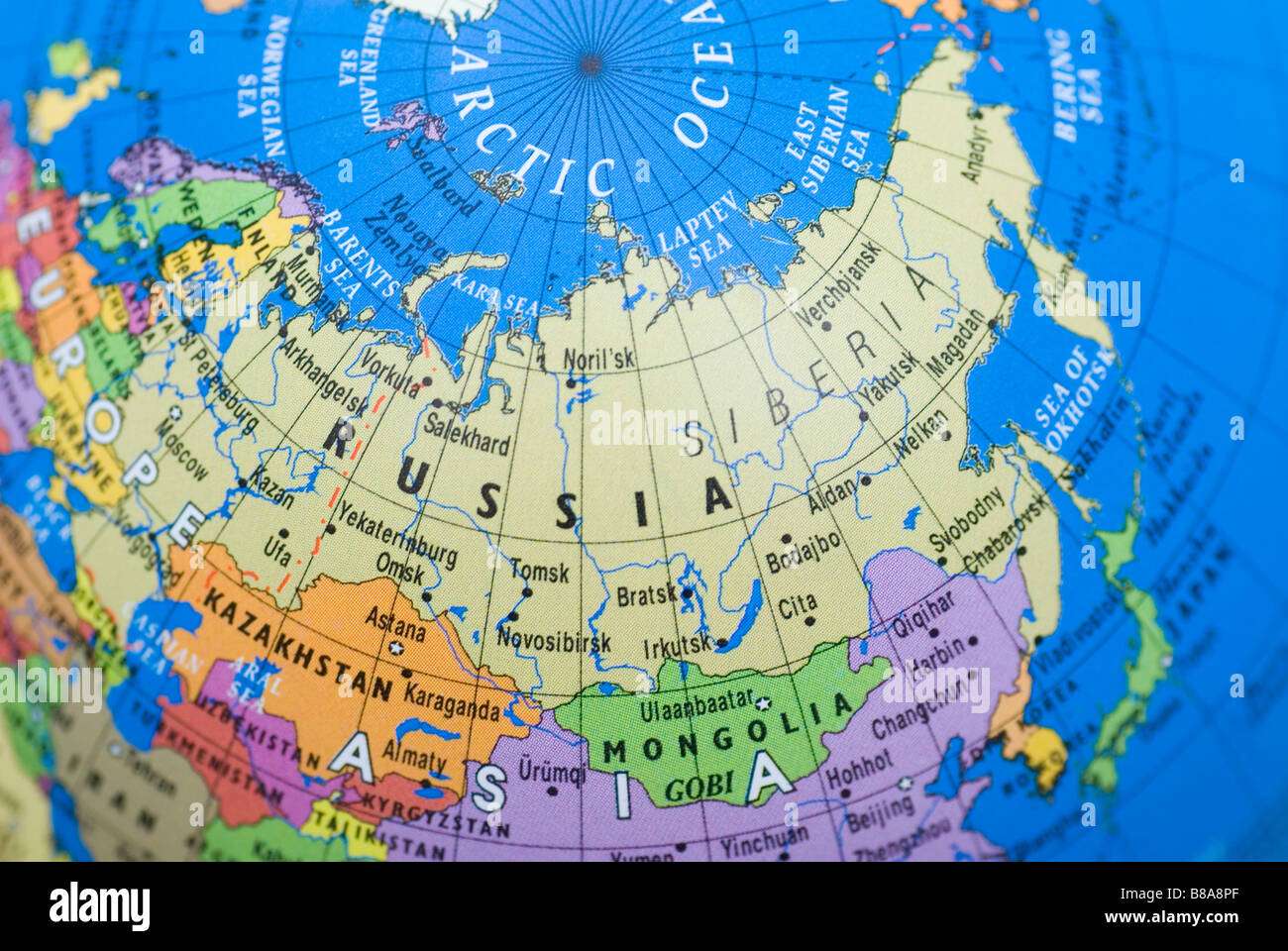 Mappa di Russia su un globo Foto Stock