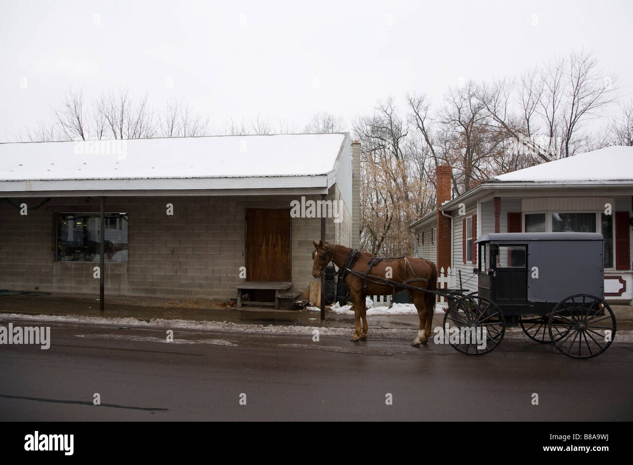 Cavallo tirato buggy parcheggiato al di fuori del negozio su strada rurale in Pennsylvania centrale Foto Stock