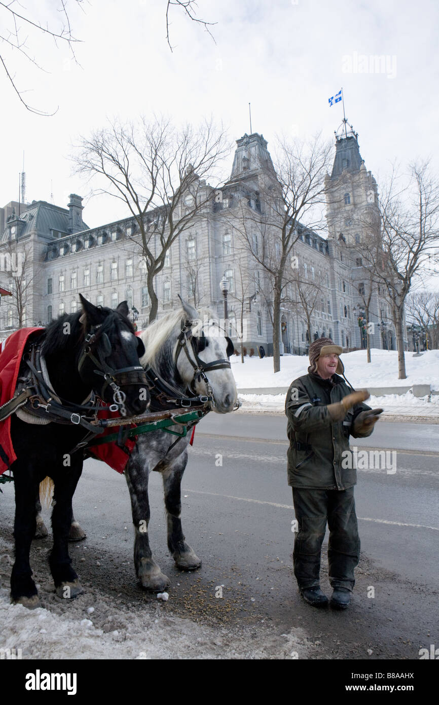 Cavalli e carrello piloti attendono vicino al Parlamento di Quebec City in Canada Foto Stock