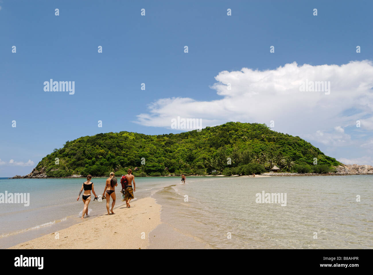 Giovani attraversando il sandbar di marea che collega piccoli Ko ma isola al continente isola di Koh Pangan Thailandia Foto Stock