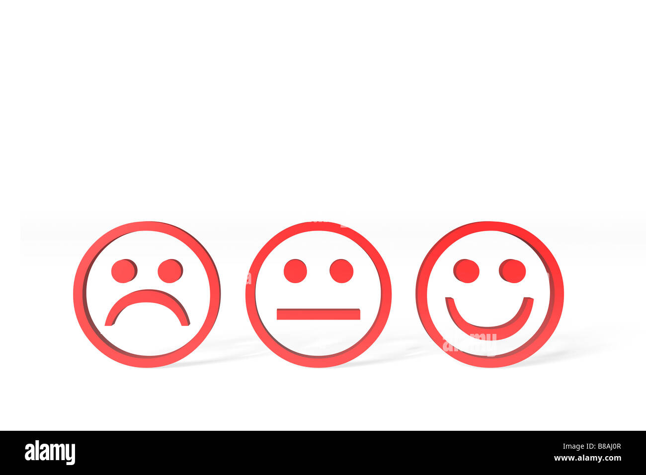 Tre rossi smiley: (infelice, neutro, felice) contro uno sfondo bianco. Foto Stock