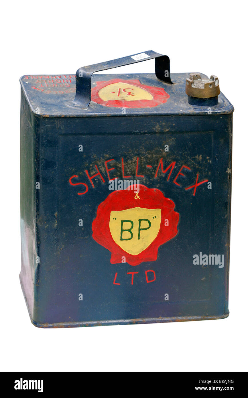 Contenitore di benzina di petrolio può gas diesel storica del patrimonio storico di artefatti in vecchio stile fashion lattine di trasporto di ricambio Foto Stock