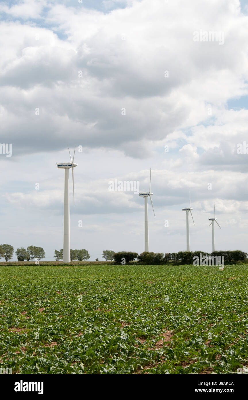 Energia la produzione di turbine eoliche in una fattoria in Norfolk Inghilterra Foto Stock