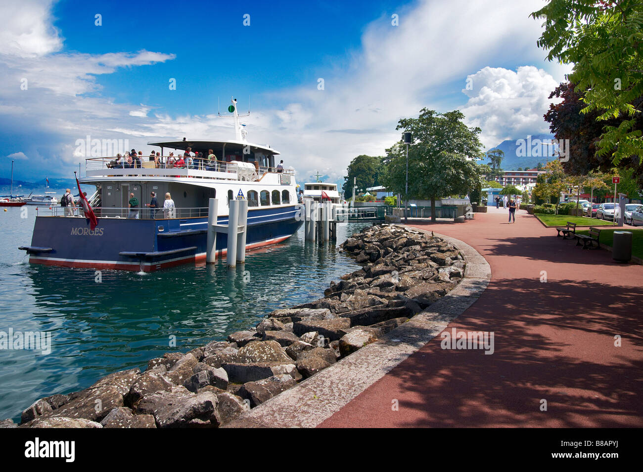 Traghetto a Evian-les-Bains, Lac Leman, Francia. Foto Stock