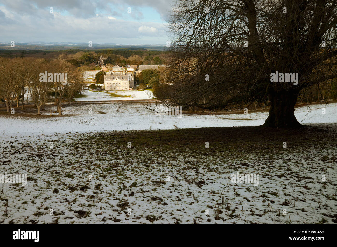 Scena di campagna sulla neve inverno mattina con la Manor House, Dorset, Purbeck Foto Stock