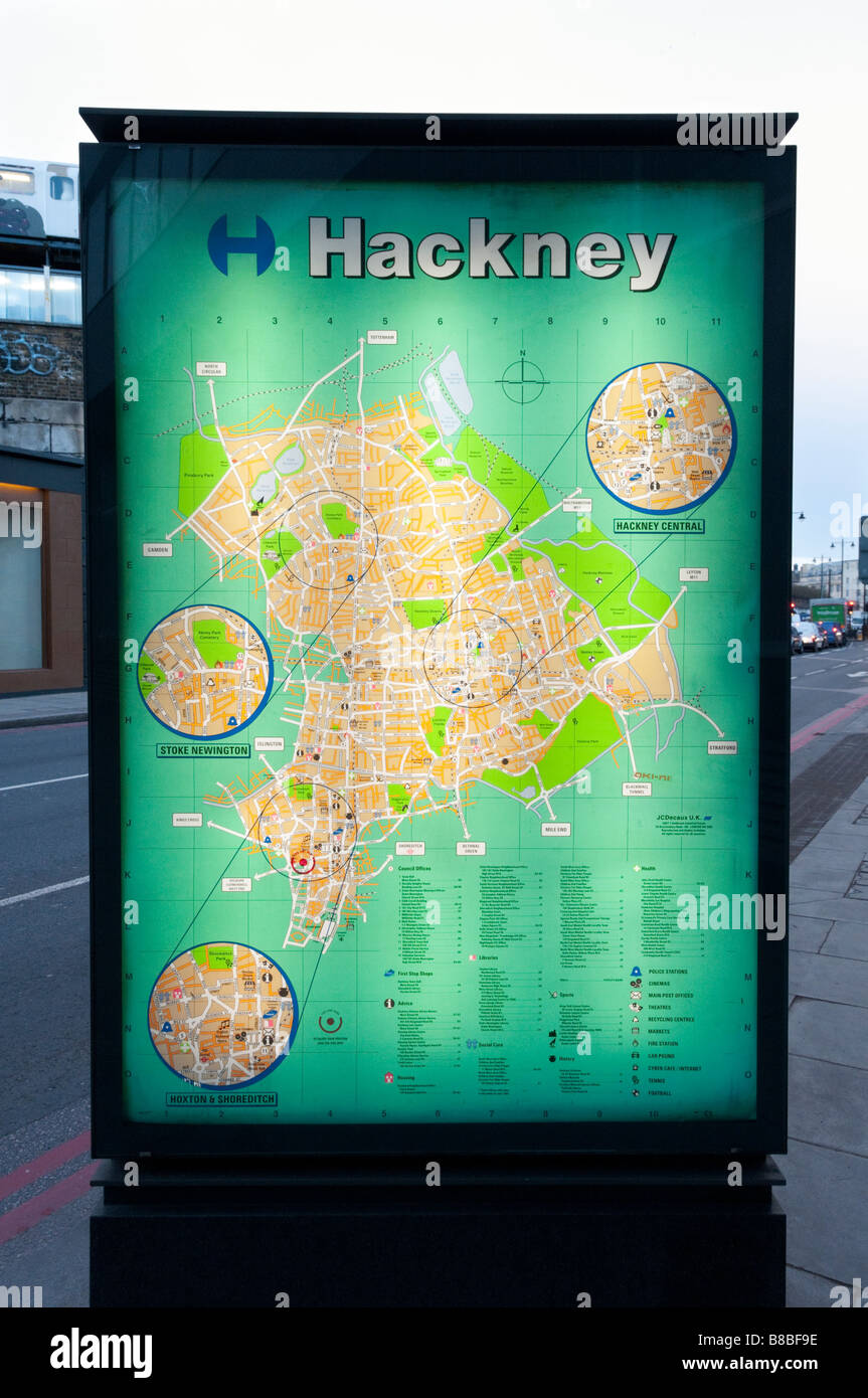 Visualizzazione di una mappa stradale del borough di Hackney, Londra, Inghilterra, Regno Unito Foto Stock