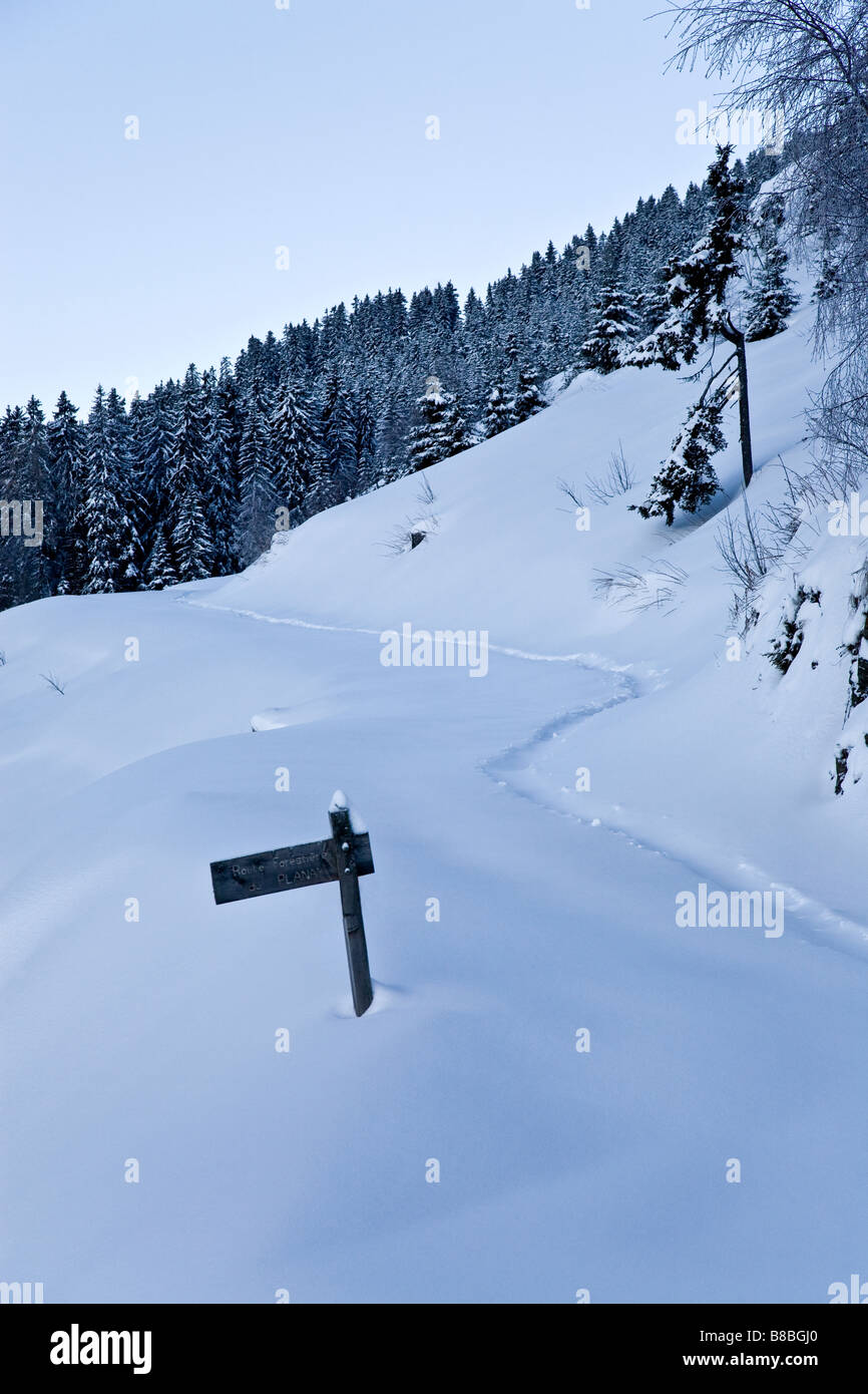 Cartello in legno con la neve percorso coperto nella località di Les Saises Alpi francesi Foto Stock
