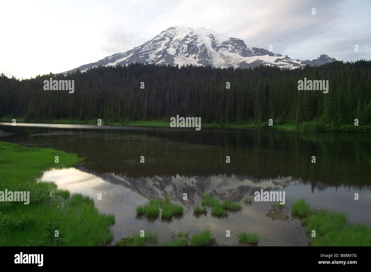 Lago di riflessione di Mt. Rainier National Park che riflette la piscina Cascade Mountains Foto Stock