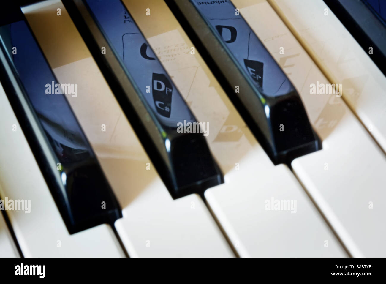 Pianoforte con note musicali si riflette sui tasti Foto Stock