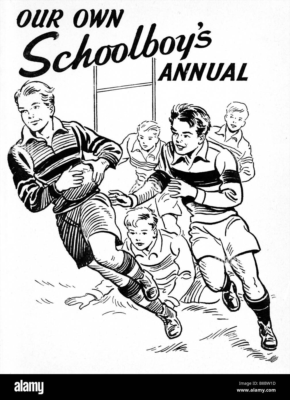 Scolari annuale di Rugby 1955 ragazzi comico copertura annuale con una illustrazione di una scuola rugger corrispondono Foto Stock
