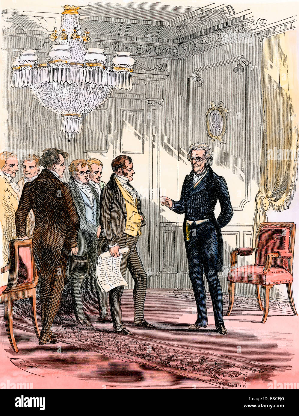 Presidente Andrew Jackson riceve i delegati della Casa Bianca. Colorate a mano la xilografia Foto Stock