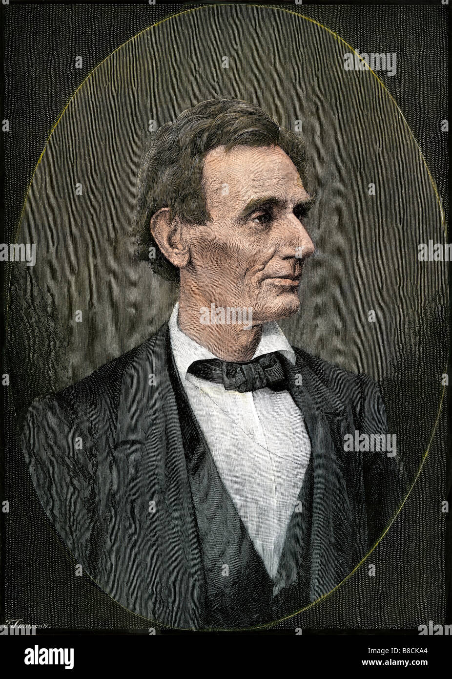 Abraham Lincoln circa 1860. Colorate a mano la xilografia Foto Stock